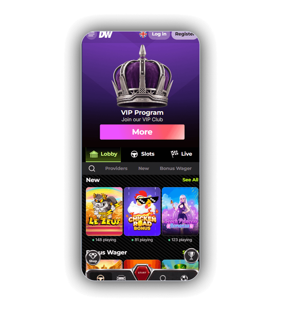 DieselWin lobby with the VIP Program banner, the New row and the bottom menu with the START key