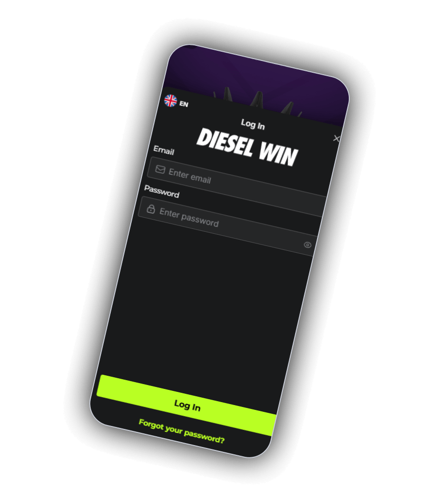 DieselWin Log In window with Email and Password fields and a Forgot your password link