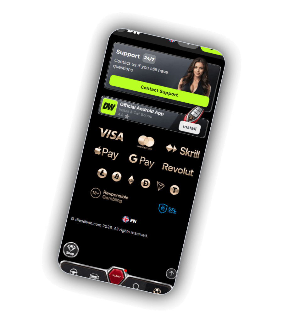 DieselWin footer with payment logos, the Official Android App banner, the 18+ badge and the SSL Secured badge