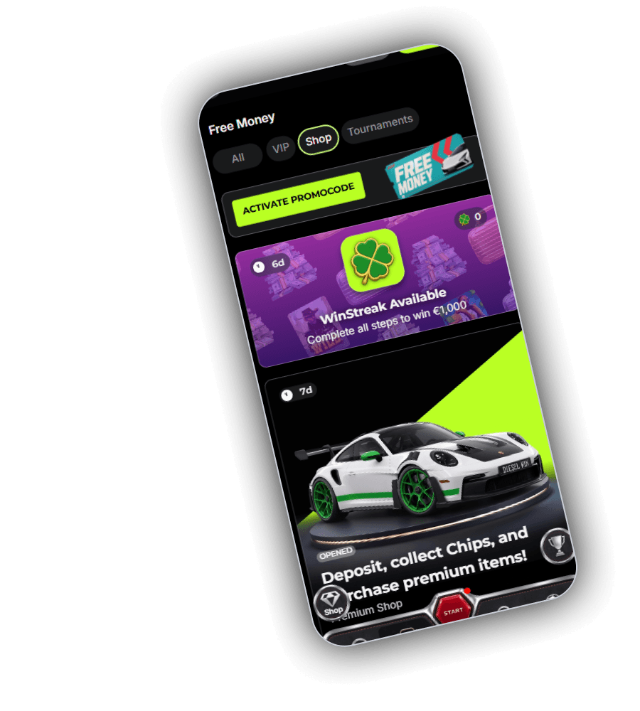 DieselWin Free Money page with the WinStreak and Premium Shop cards and the Activate Promocode key
