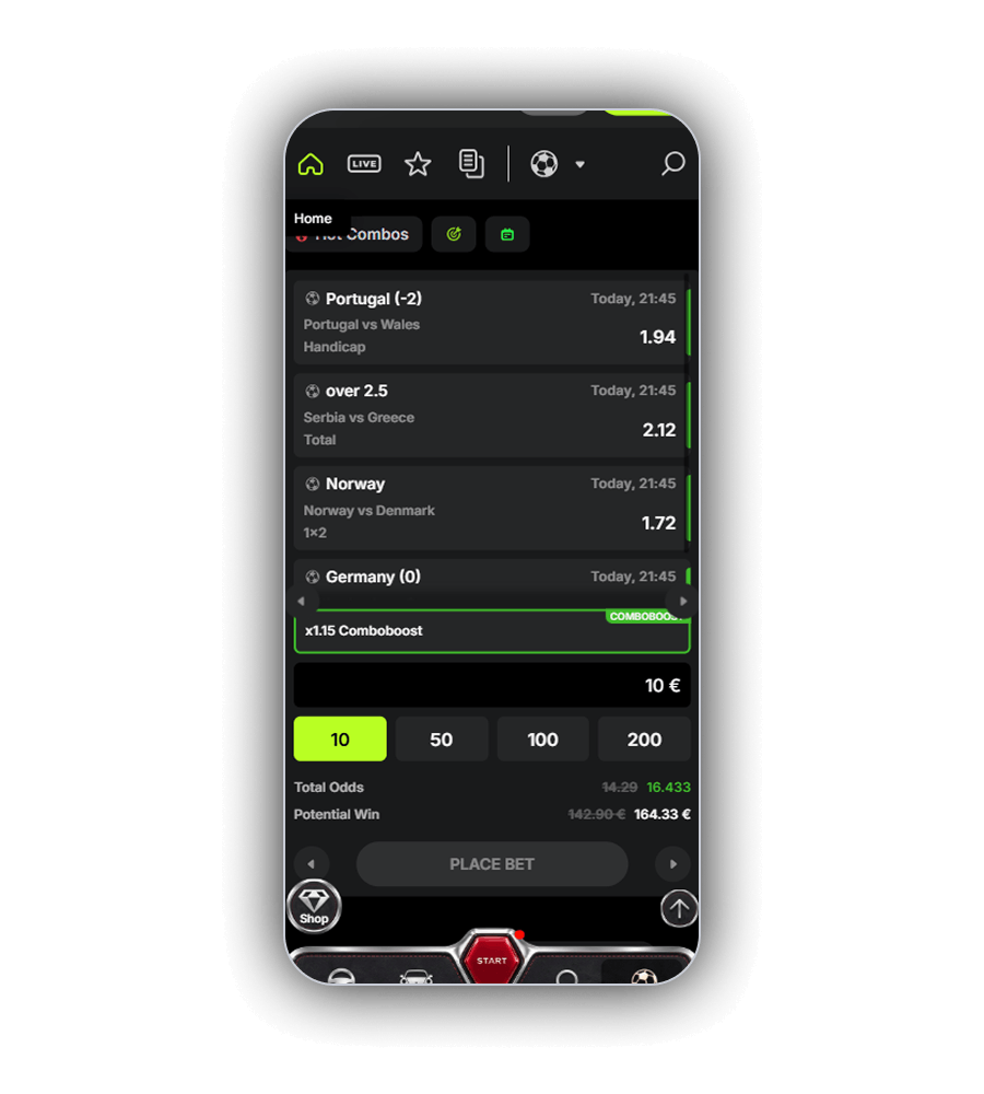 DieselWin bet slip with four football selections and a x1.15 Comboboost