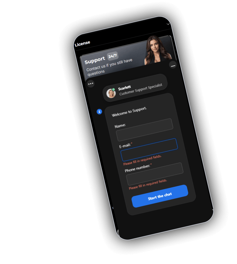 DieselWin support chat with a Customer Support Specialist and a form for name, email and phone number