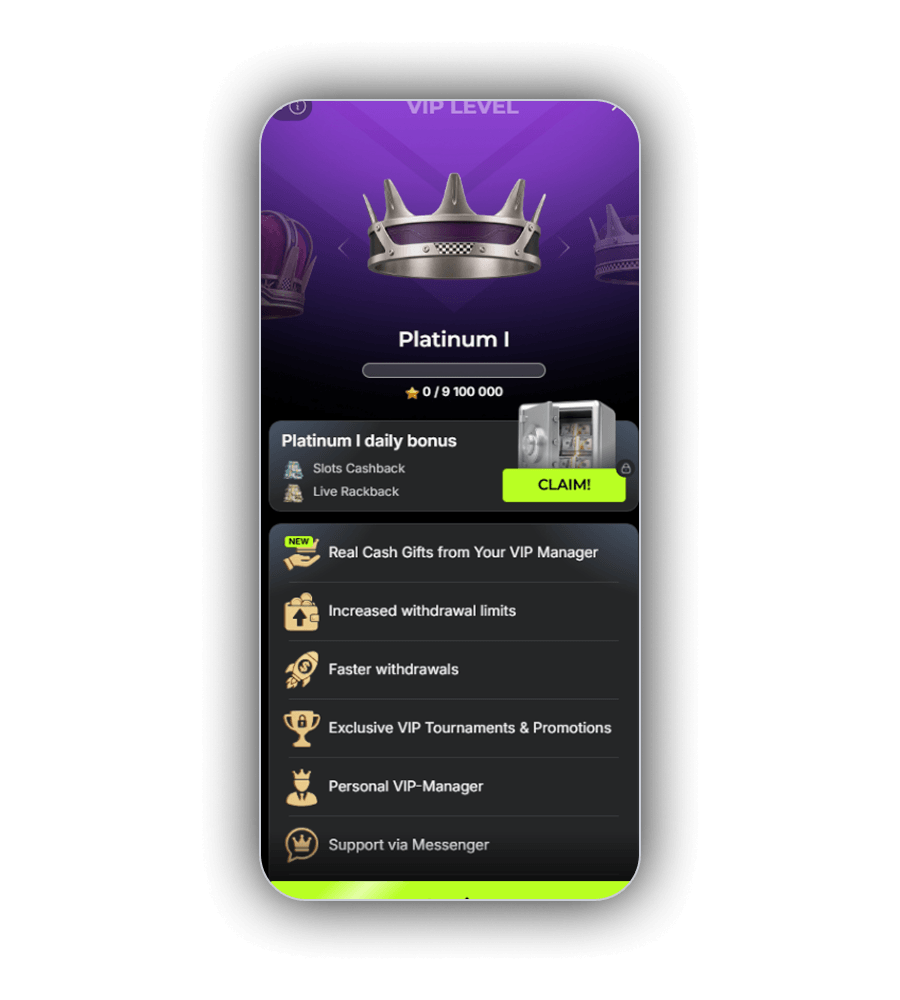 DieselWin VIP level screen showing Platinum I, a 9,100,000 point bar and the list of club benefits